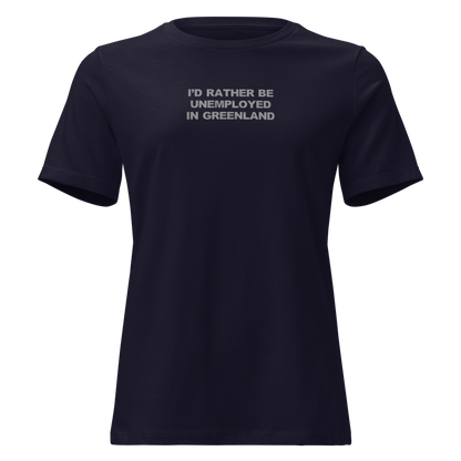"I'd rather be unemployed in greenland" printed on a navy on an invisible / simulated body