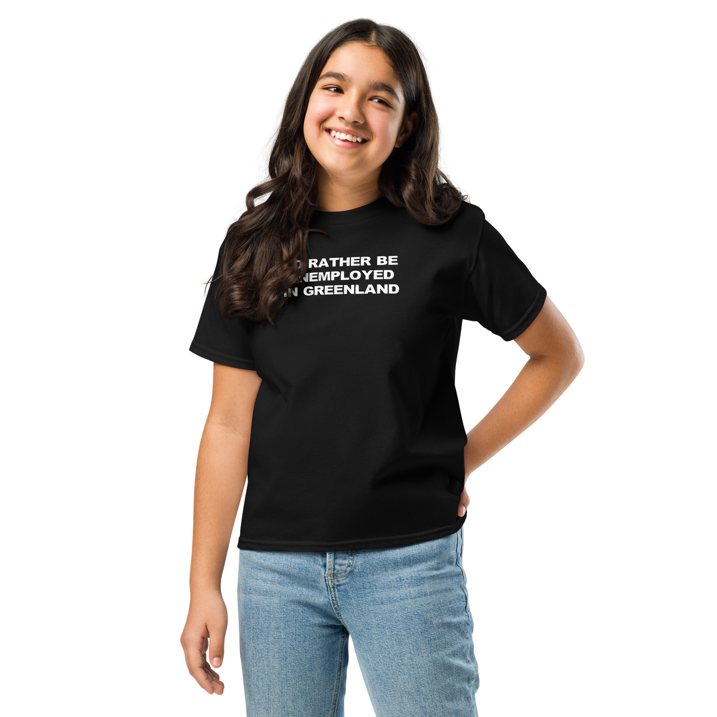 "I'd rather be unemployed in greenland" printed on a black youth classic tee worn by a female