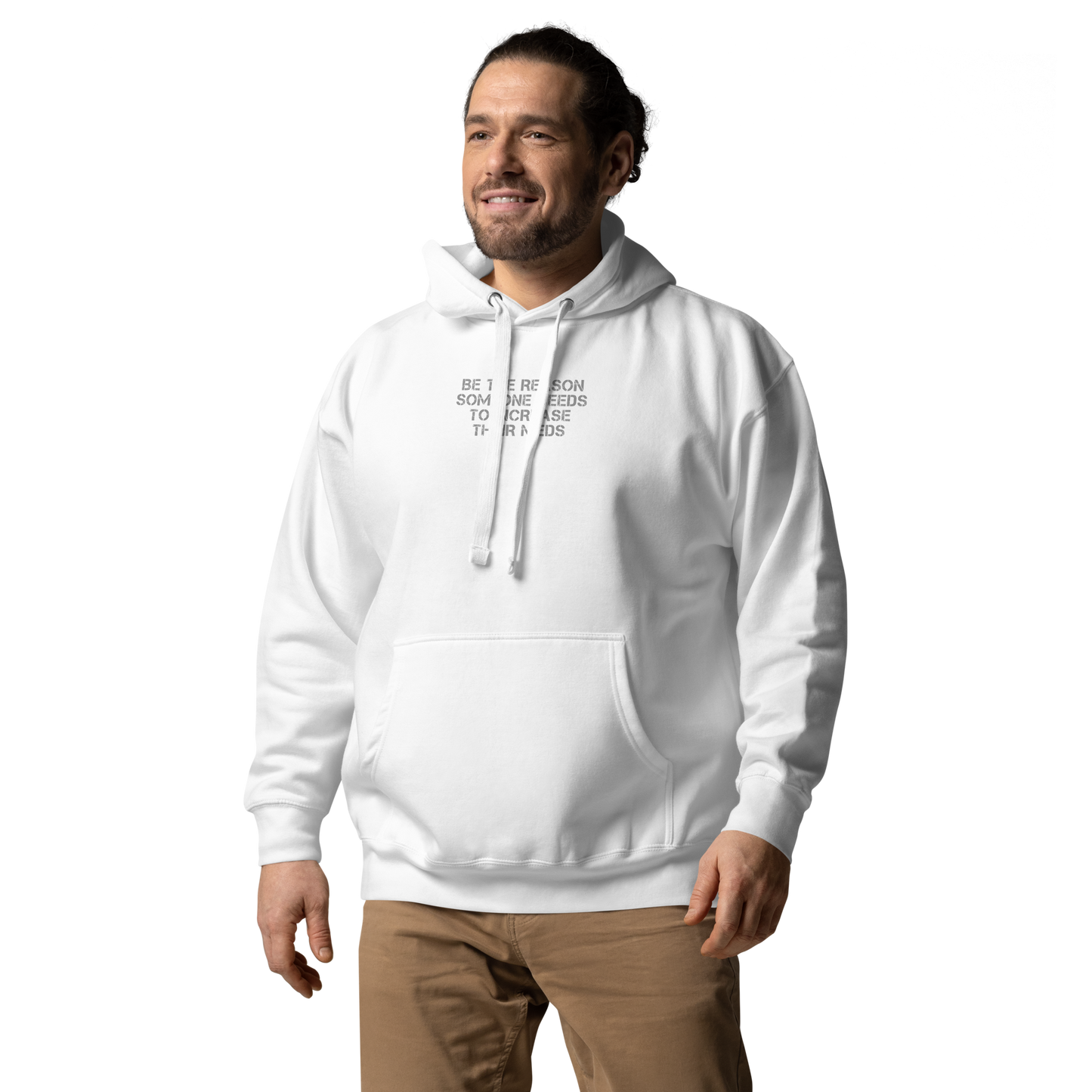"Be the reason someone needs to increase their meds" printed on a white unisex hoodie worn by a male
