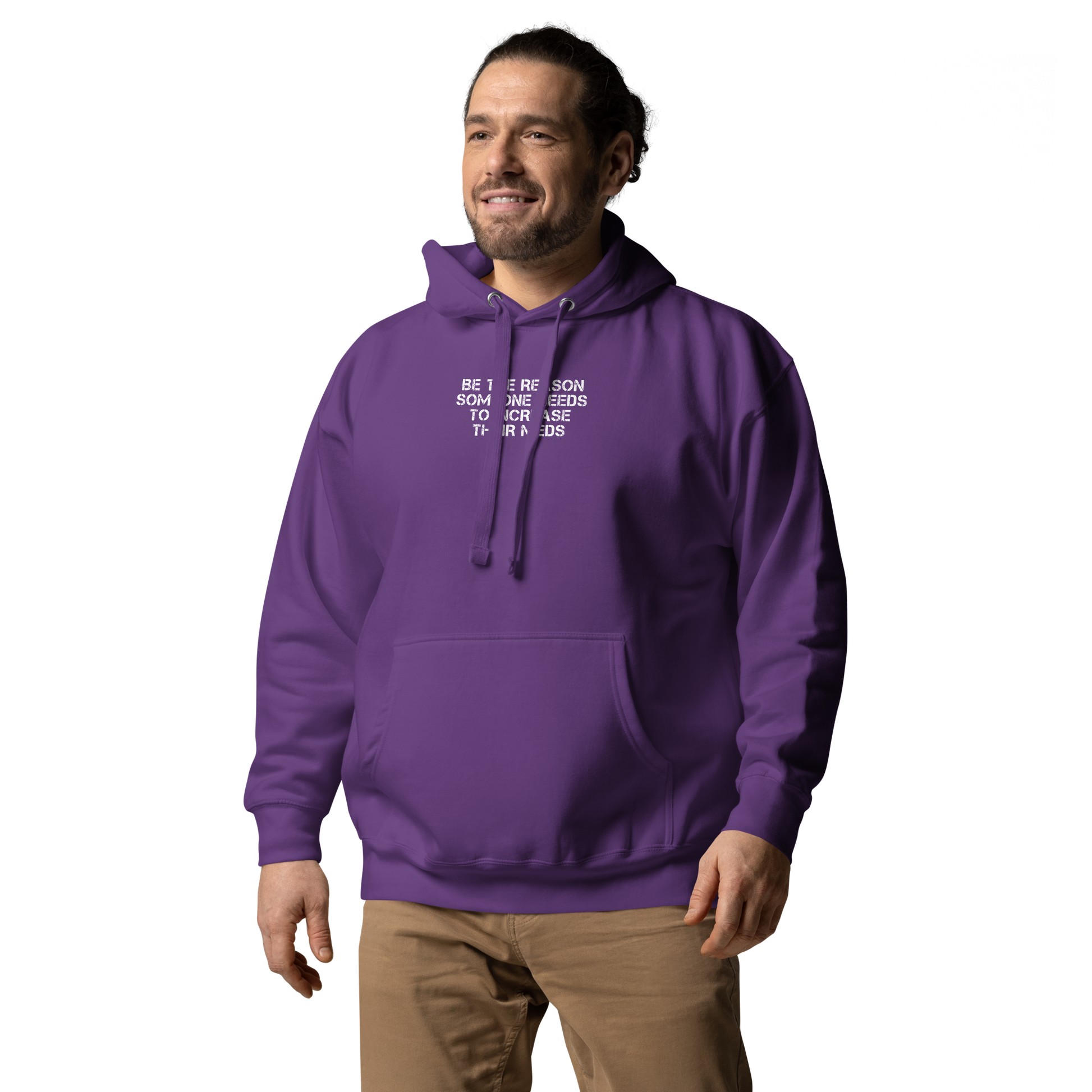 "Be the reason someone needs to increase their meds" printed on a purple unisex hoodie worn by a male
