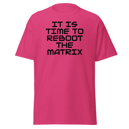 "It's time to reboot the matrix" printed on a heliconia on an invisible body