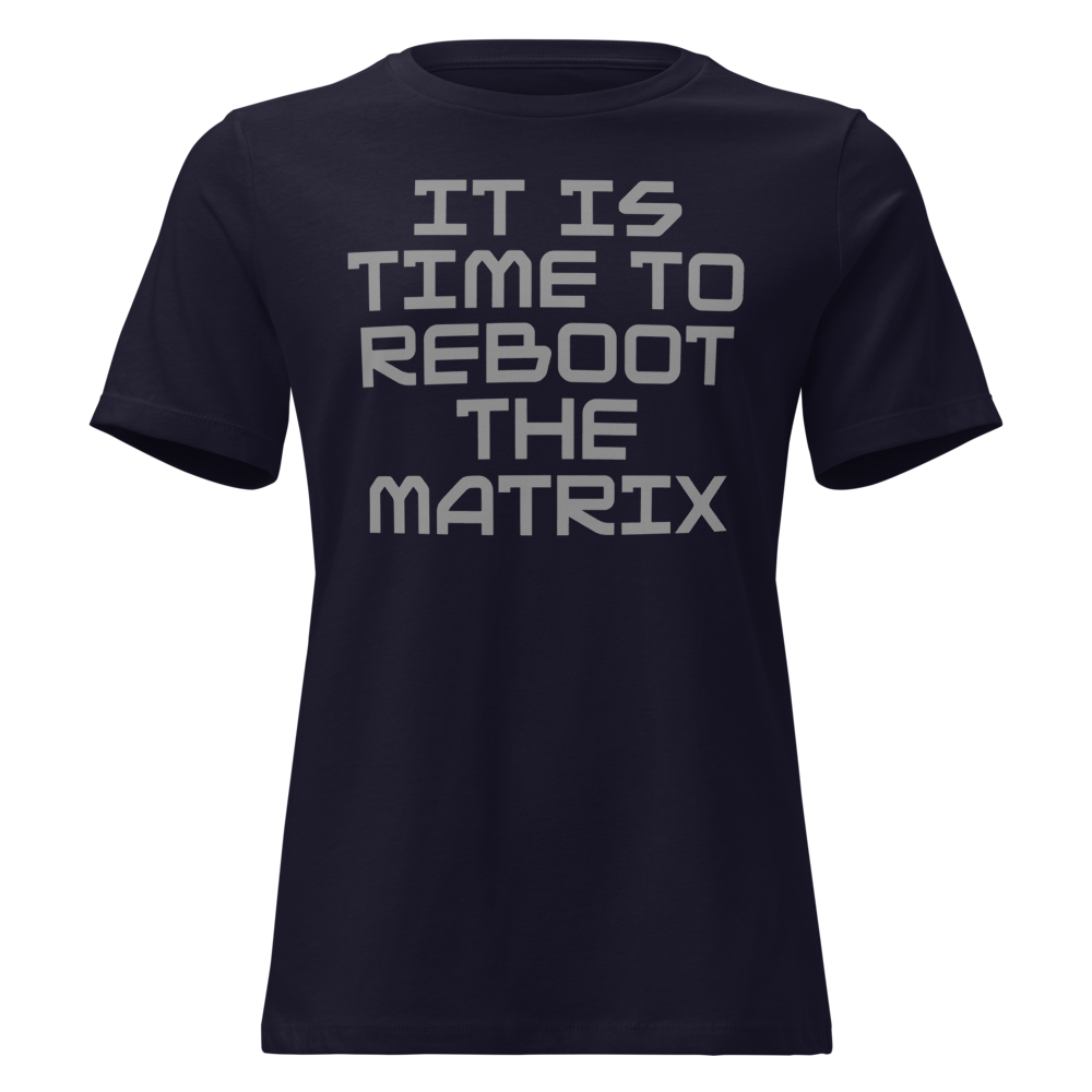 "It's time to reboot the matrix" printed on a navy on an invisible / simulated body