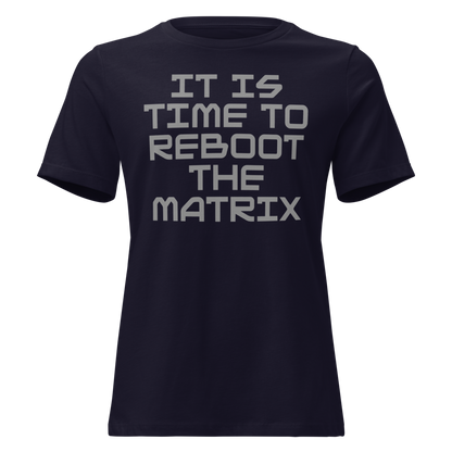 "It's time to reboot the matrix" printed on a navy on an invisible / simulated body