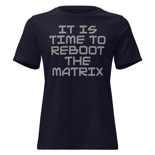 "It's time to reboot the matrix" printed on a navy on an invisible / simulated body