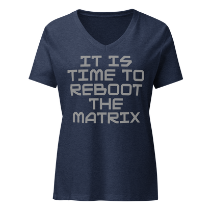 "It's time to reboot the matrix" printed on a heather navy on an invisible / simulated body