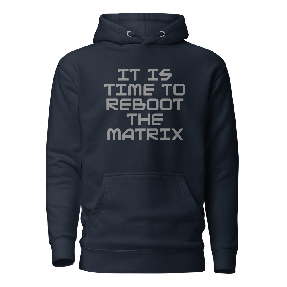 "It's time to reboot the matrix" printed on a navy blazer on an invisible / simulated body