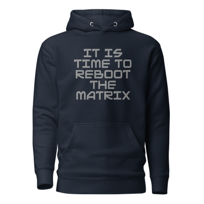 "It's time to reboot the matrix" printed on a navy blazer on an invisible / simulated body