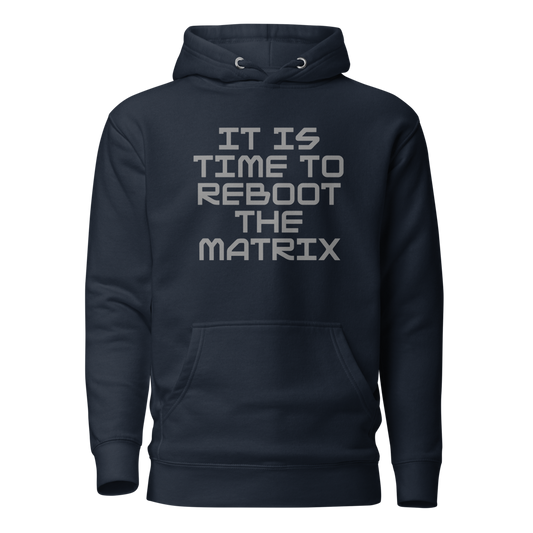 "It's time to reboot the matrix" printed on a navy blazer on an invisible / simulated body