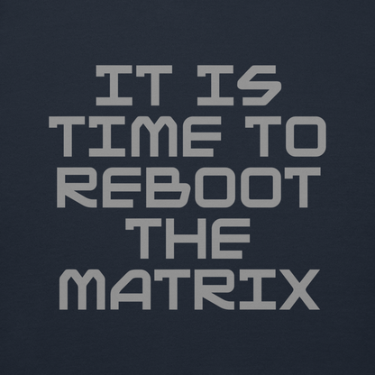 "It's time to reboot the matrix" printed on a navy blazer background