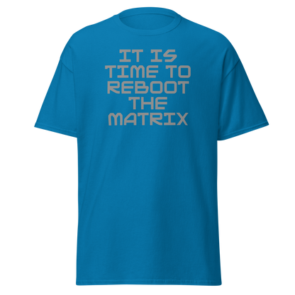 "It's time to reboot the matrix" printed on a sapphire on an invisible body