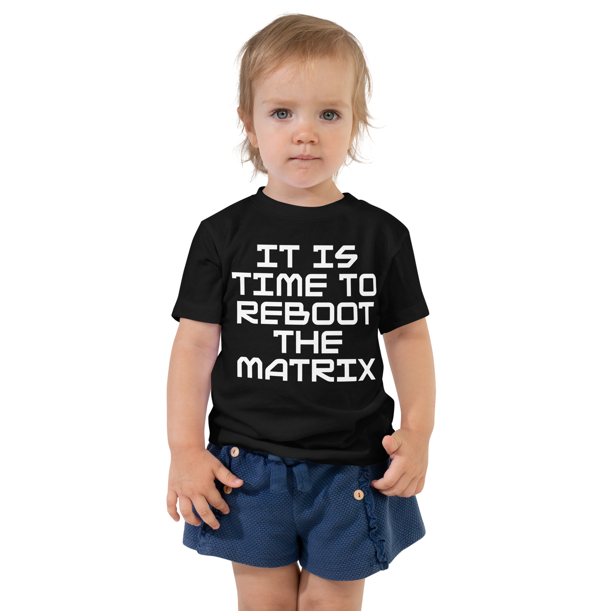 "It's time to reboot the matrix" printed on a black toddler short sleeve tee worn by a female