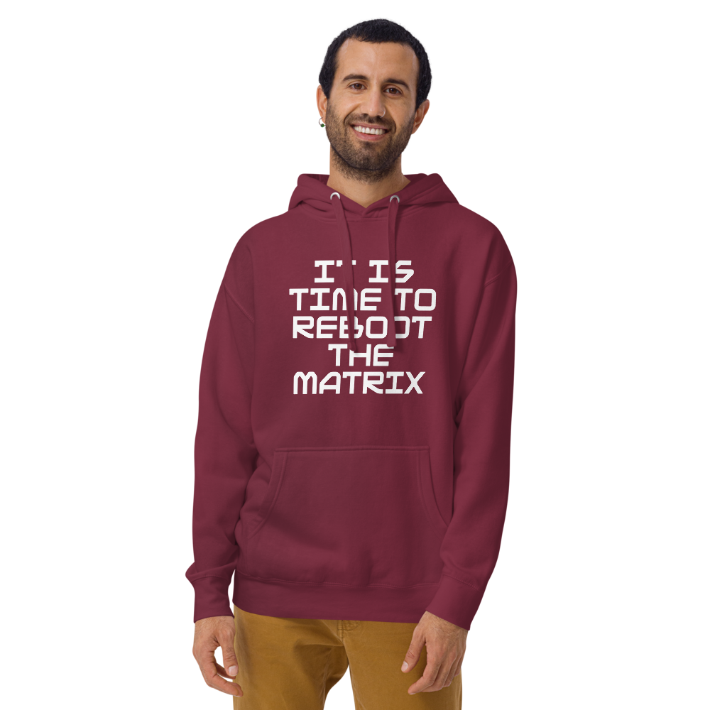 "It's time to reboot the matrix" printed on a maroon warn by a male