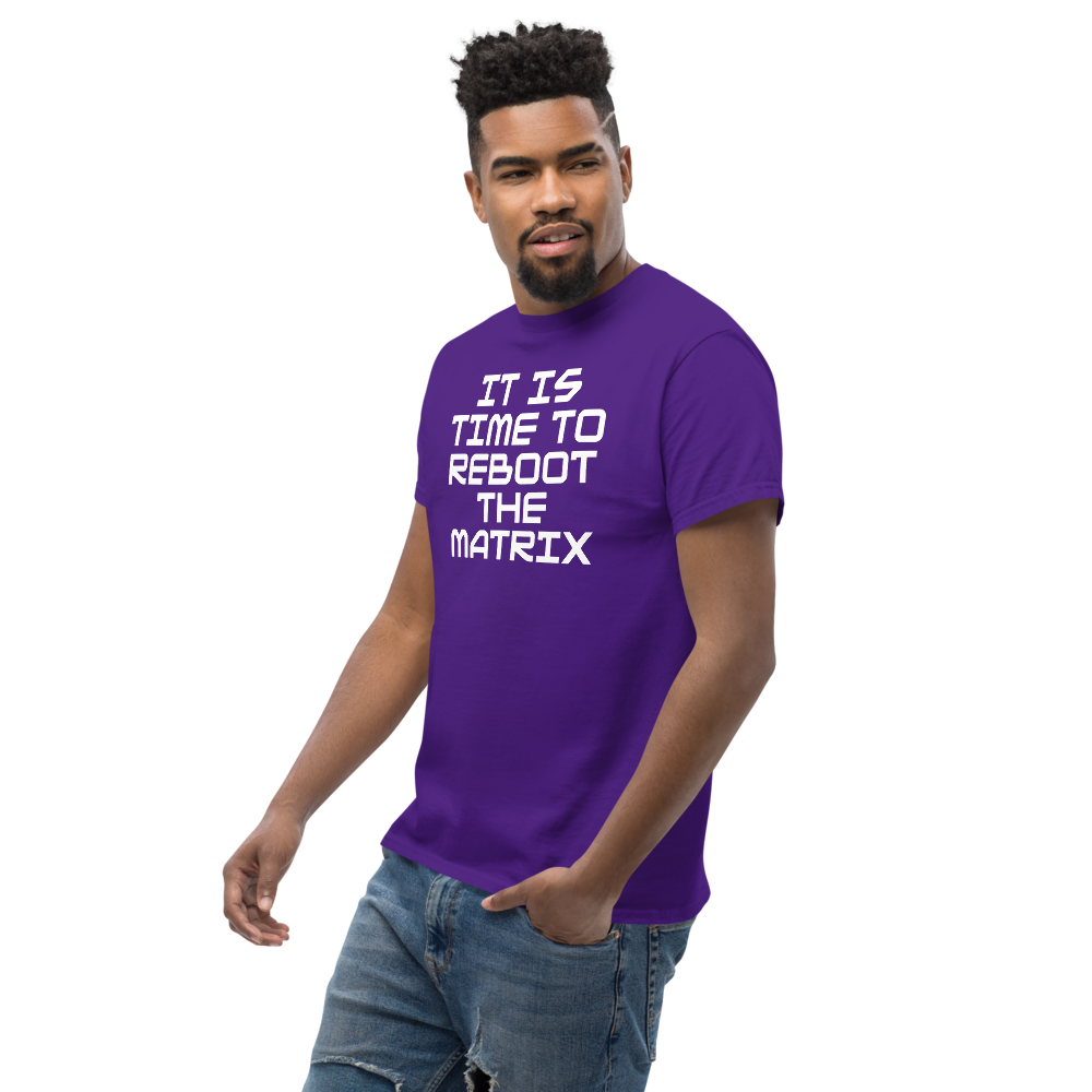 "It's time to reboot the matrix" printed on a purple unisex classic tee worn by a male