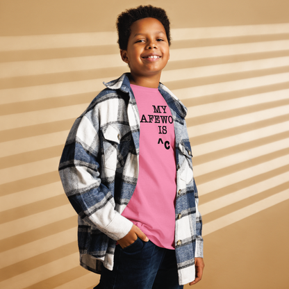 "My Safe Word Is ^C" printed on a azalea youth classic tee worn by a male also wearing a jacket
