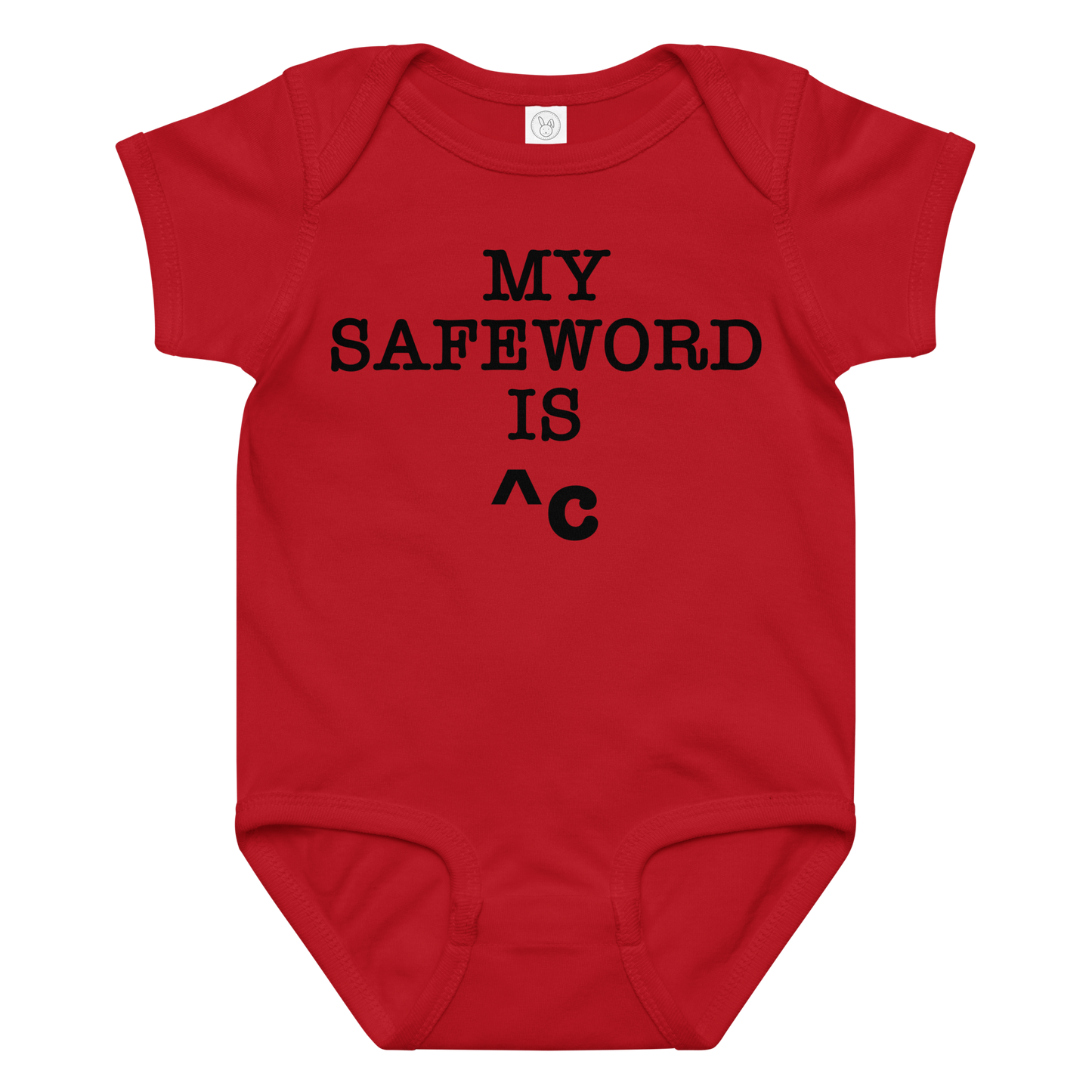 "My Safe Word Is ^C" printed on a red baby jersey bodysuit laying on a flat surface amongst other clothes