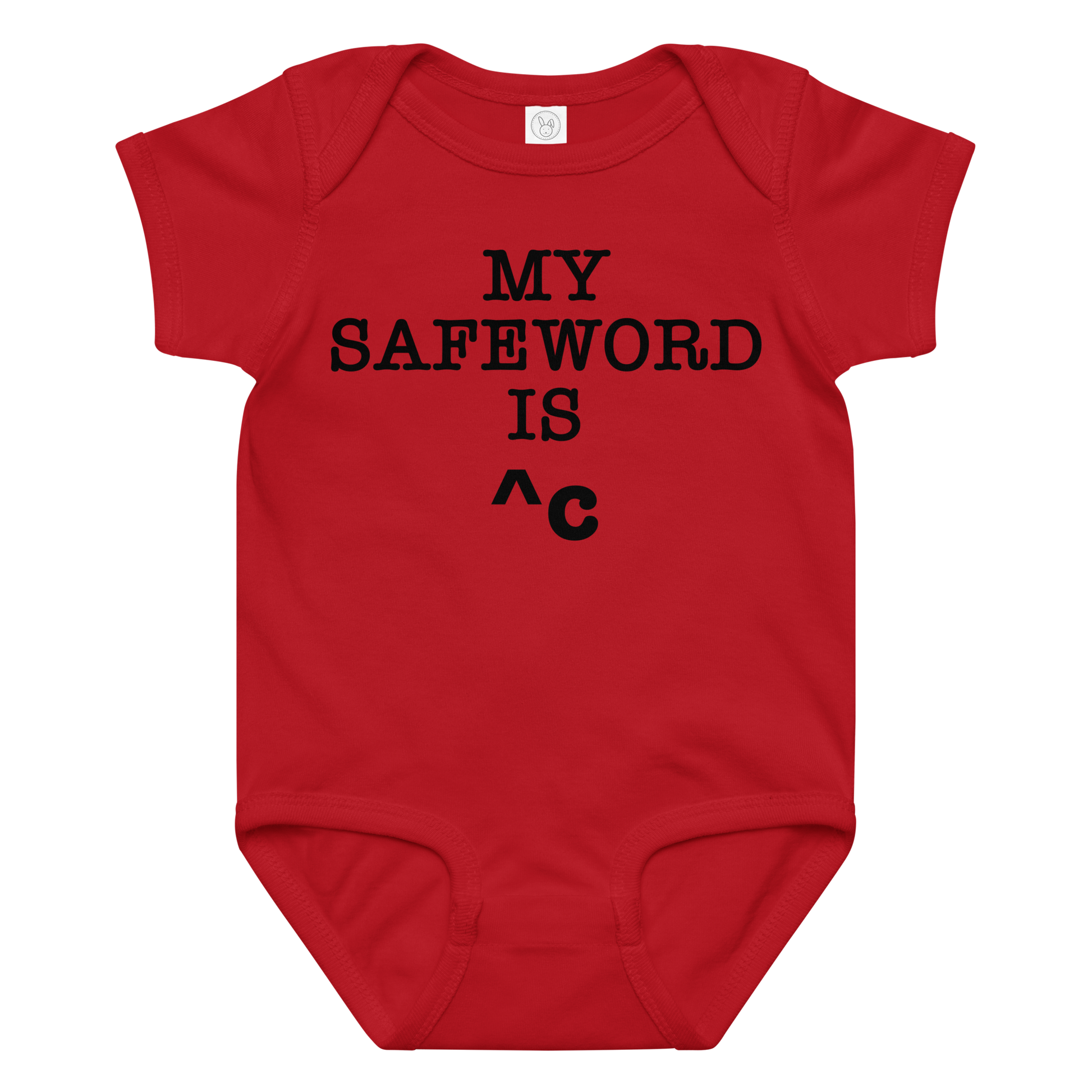 "My Safe Word Is ^C" printed on a red baby jersey bodysuit laying on a flat surface amongst other clothes