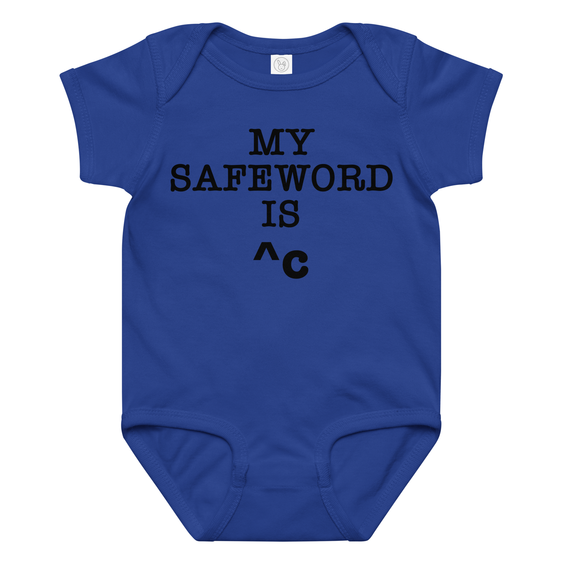 "My Safe Word Is ^C" printed on a royal baby jersey bodysuit laying on a flat surface amongst other clothes