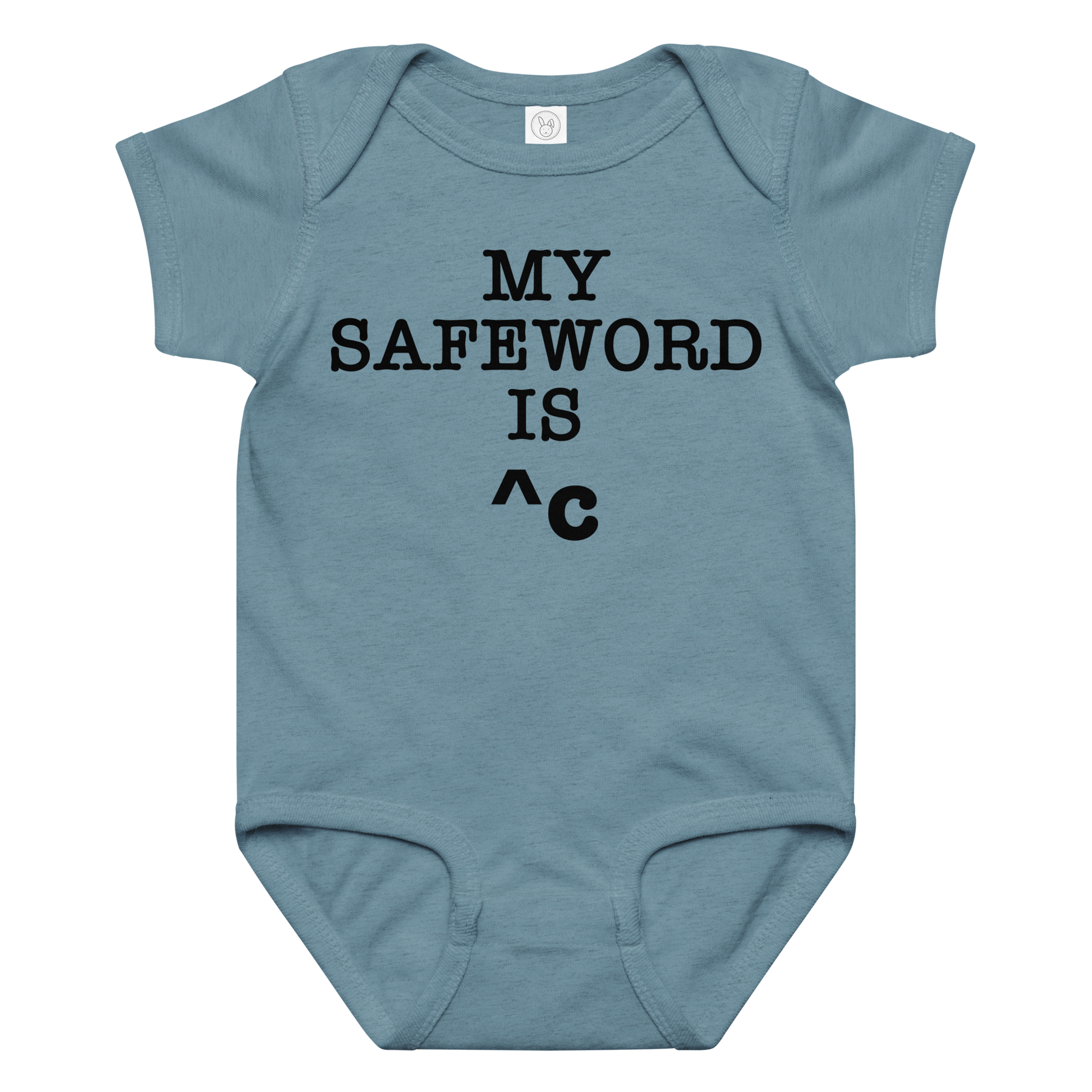 "My Safe Word Is ^C" printed on a vintage indigo baby jersey bodysuit laying on a flat surface amongst other clothes
