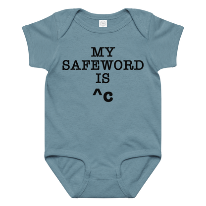 "My Safe Word Is ^C" printed on a vintage indigo baby jersey bodysuit laying on a flat surface amongst other clothes