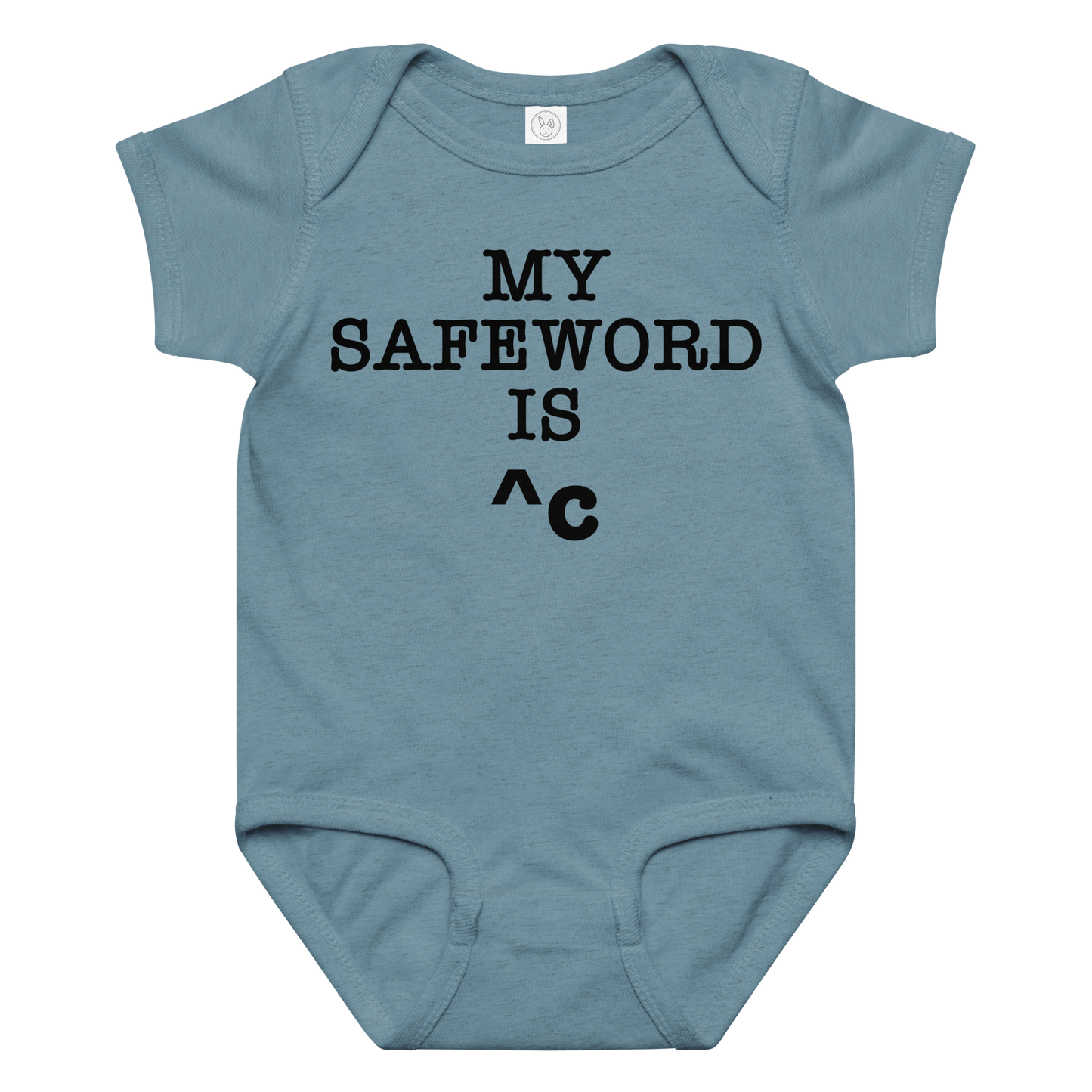 "My Safe Word Is ^C" printed on a vintage indigo baby jersey bodysuit laying on a flat surface amongst other clothes