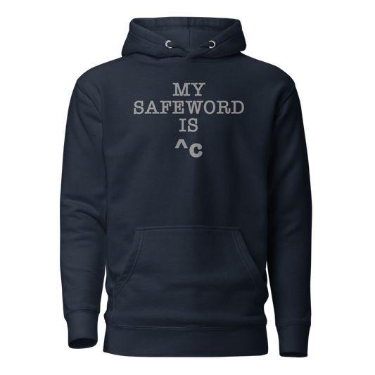 "My Safe Word Is ^C" printed on a navy blazer on an invisible / simulated body