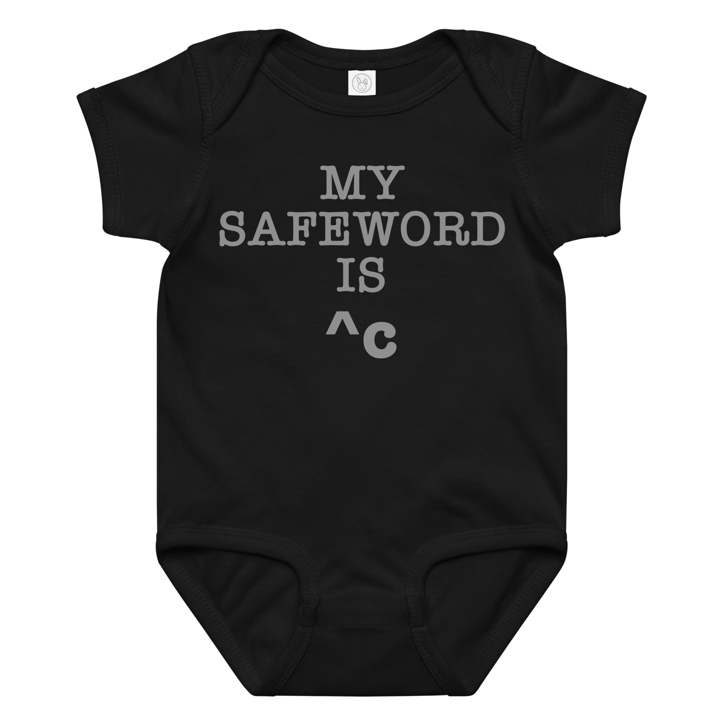 "My Safe Word Is ^C" printed on a black baby jersey bodysuit laying on a flat surface amongst other clothes