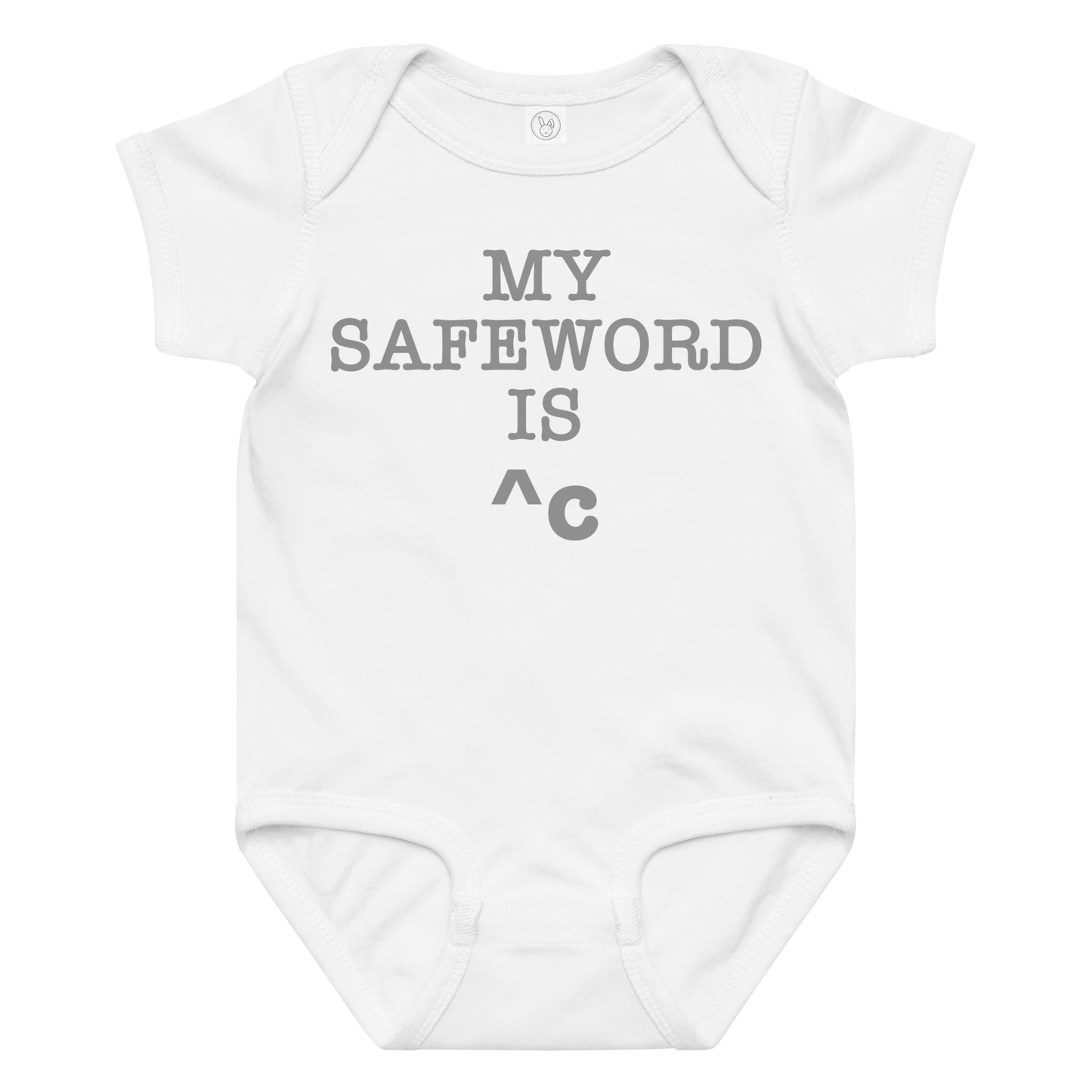 "My Safe Word Is ^C" printed on a white baby jersey bodysuit laying on a flat surface amongst other clothes