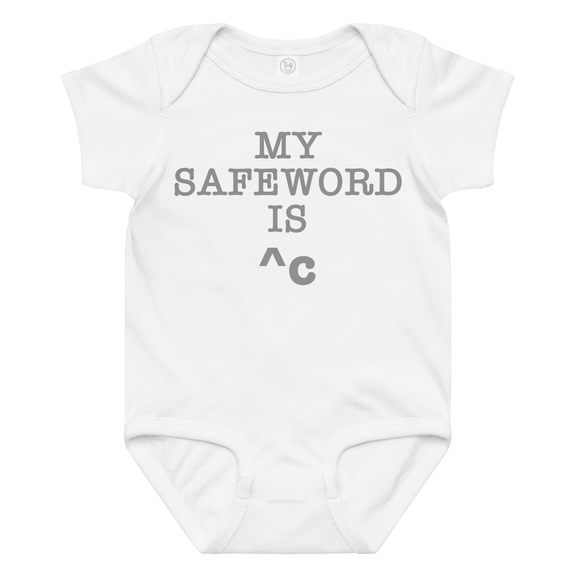 "My Safe Word Is ^C" printed on a white baby jersey bodysuit laying on a flat surface amongst other clothes