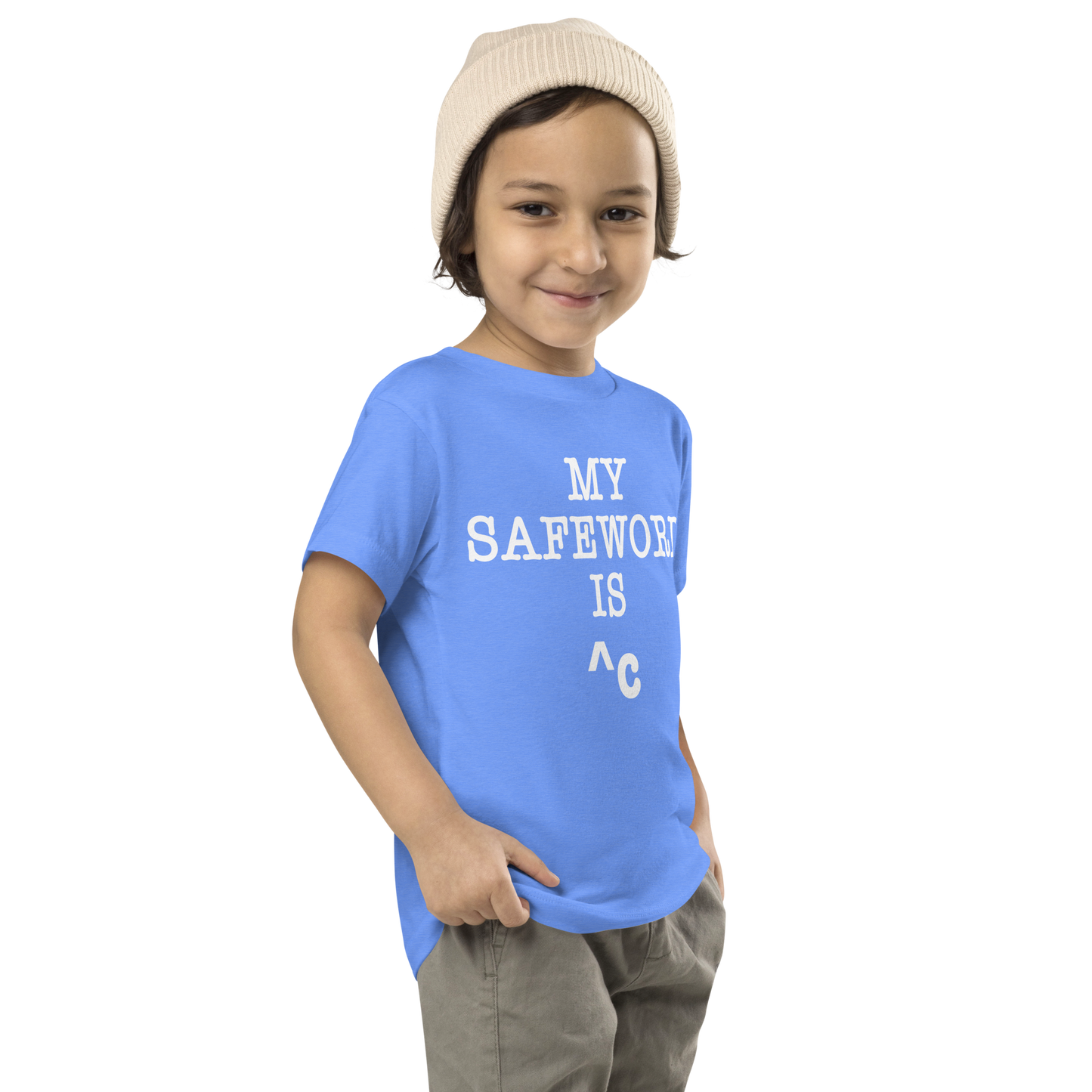 "My Safe Word Is ^C" printed on a heather columbia blue toddler short sleeve tee worn by a male who is also wearing a knit cap