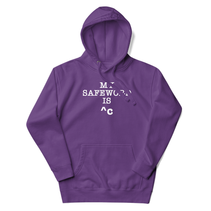 "My Safe Word Is ^C" printed on a purple unisex hoodie laying on a flat surface with the hood up
