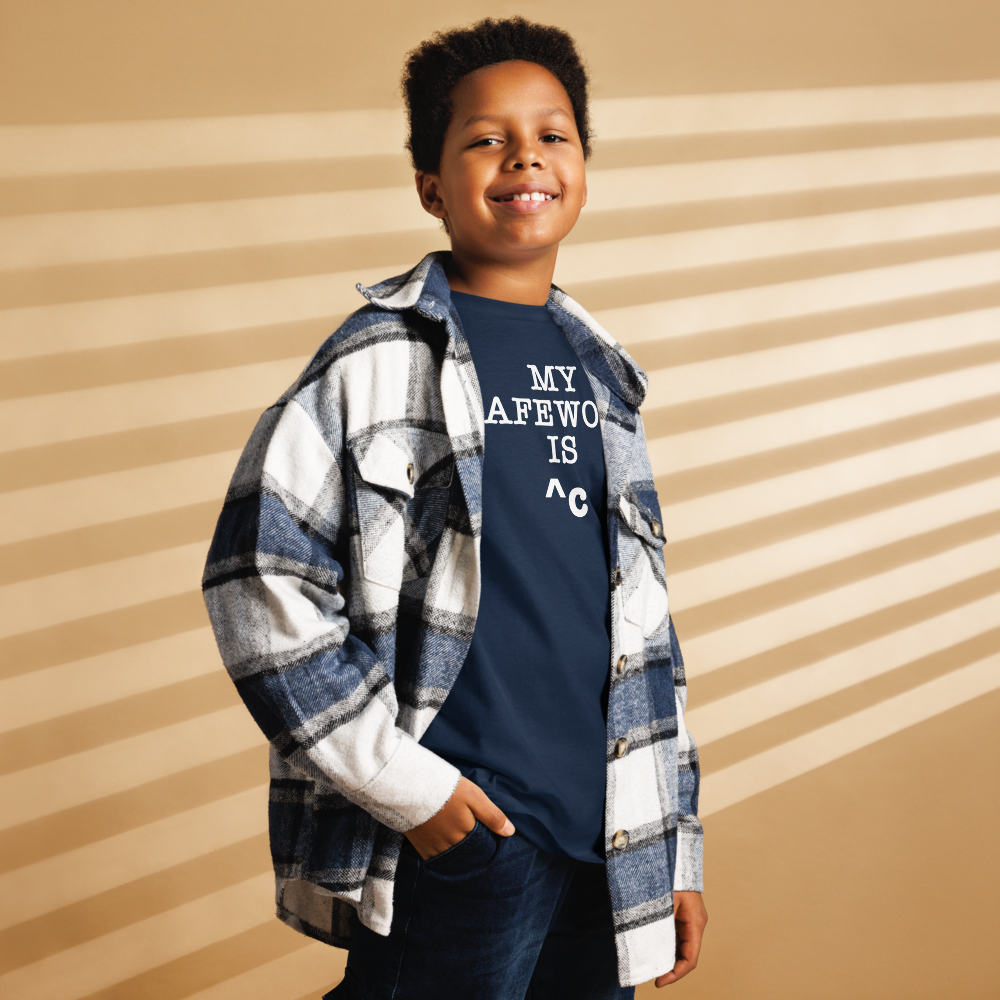 "My Safe Word Is ^C" printed on a navy youth classic tee worn by a male also wearing a jacket
