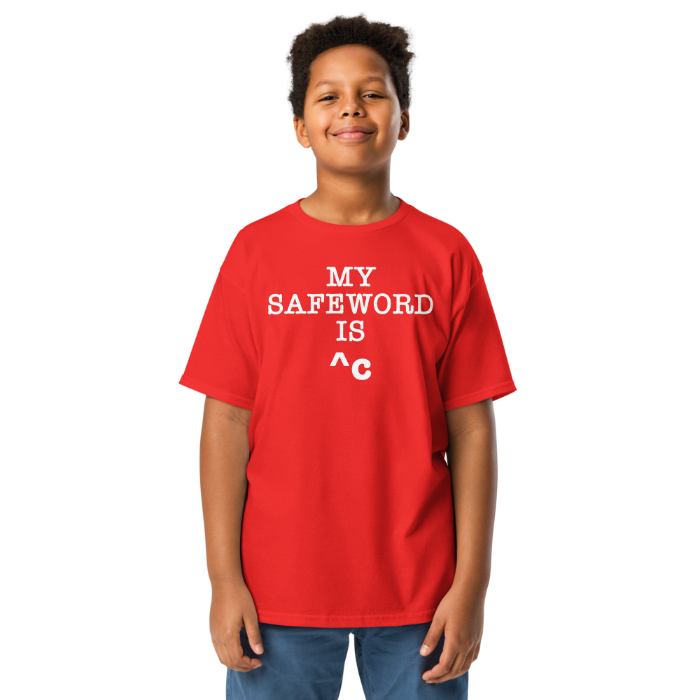 "My Safe Word Is ^C" printed on a red youth classic tee worn by a male