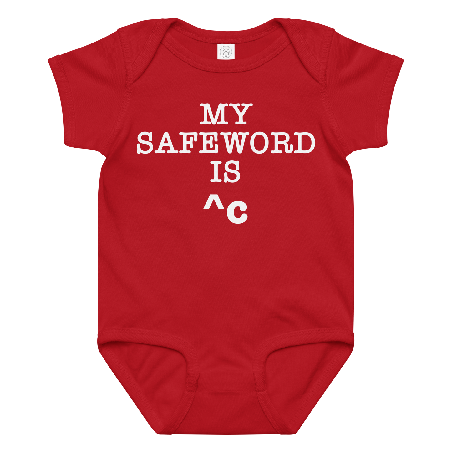 "My Safe Word Is ^C" printed on a red baby jersey bodysuit laying on a flat surface amongst other clothes
