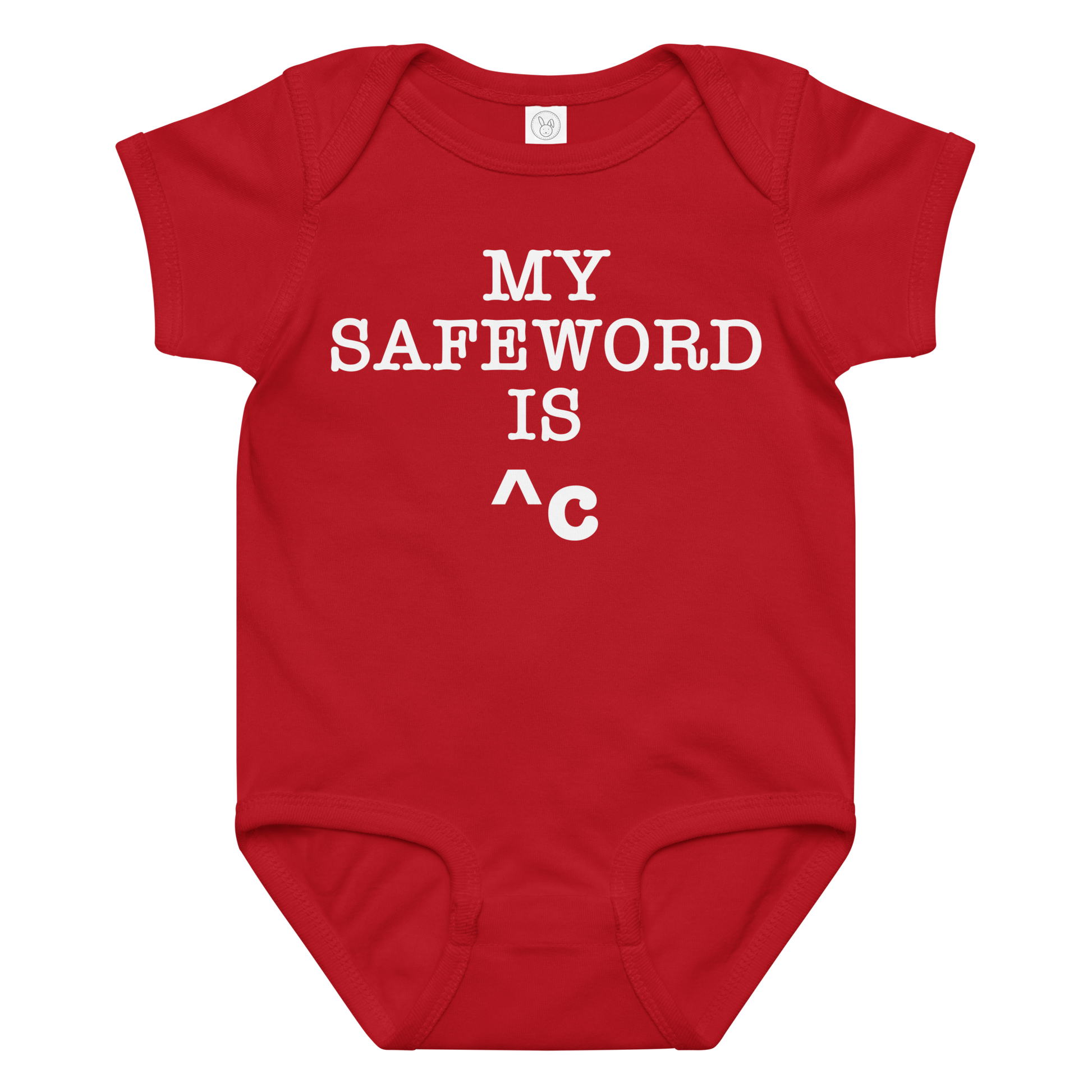 "My Safe Word Is ^C" printed on a red baby jersey bodysuit laying on a flat surface amongst other clothes