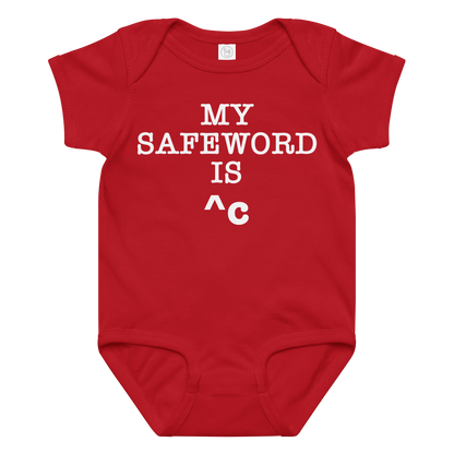 "My Safe Word Is ^C" printed on a red baby jersey bodysuit laying on a flat surface amongst other clothes