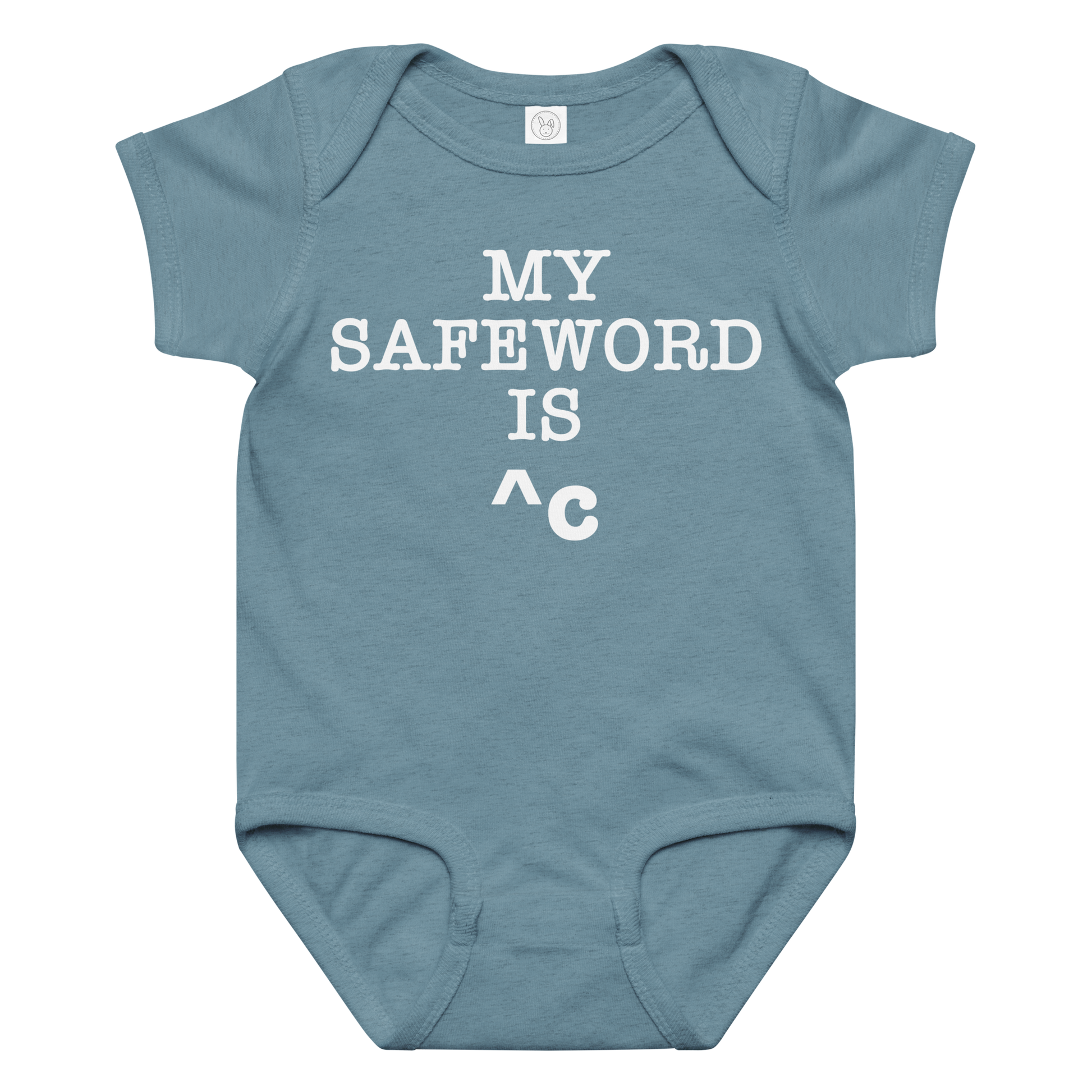 "My Safe Word Is ^C" printed on a vintage indigo baby jersey bodysuit laying on a flat surface amongst other clothes