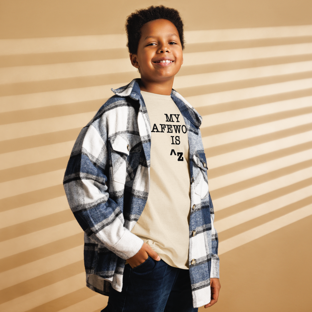 "My Safe Word Is ^Z" printed on a natural youth classic tee worn by a male also wearing a jacket