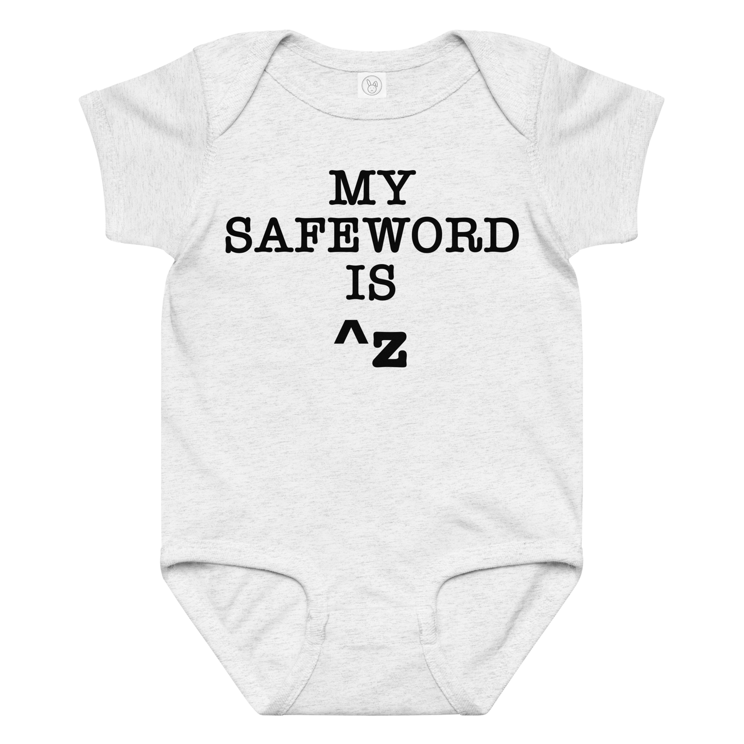 "My Safe Word Is ^Z" printed on a ash baby jersey bodysuit laying on a flat surface amongst other clothes