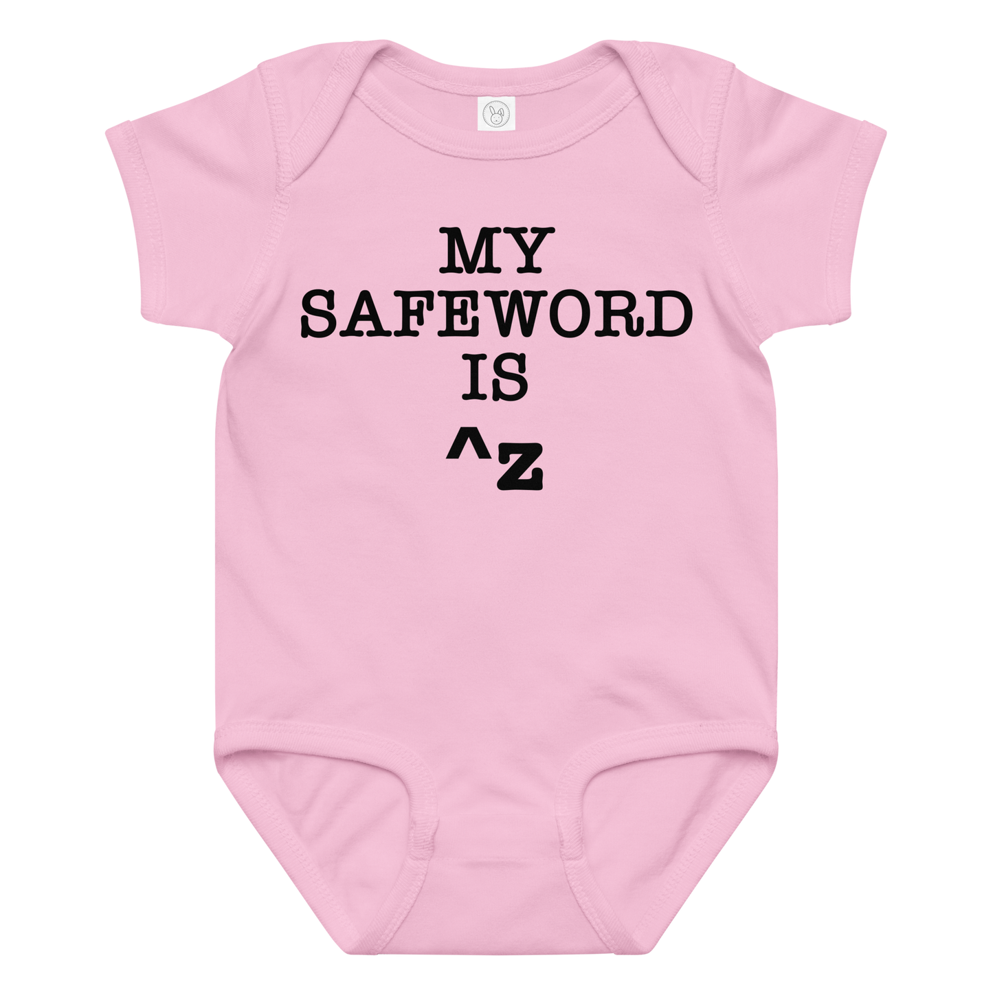 "My Safe Word Is ^Z" printed on a pink baby jersey bodysuit laying on a flat surface amongst other clothes