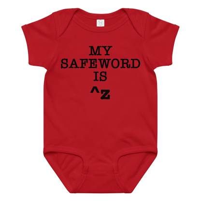 "My Safe Word Is ^Z" printed on a red baby jersey bodysuit laying on a flat surface amongst other clothes