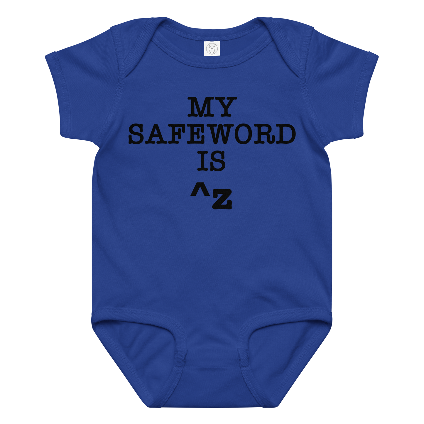 "My Safe Word Is ^Z" printed on a royal baby jersey bodysuit laying on a flat surface amongst other clothes