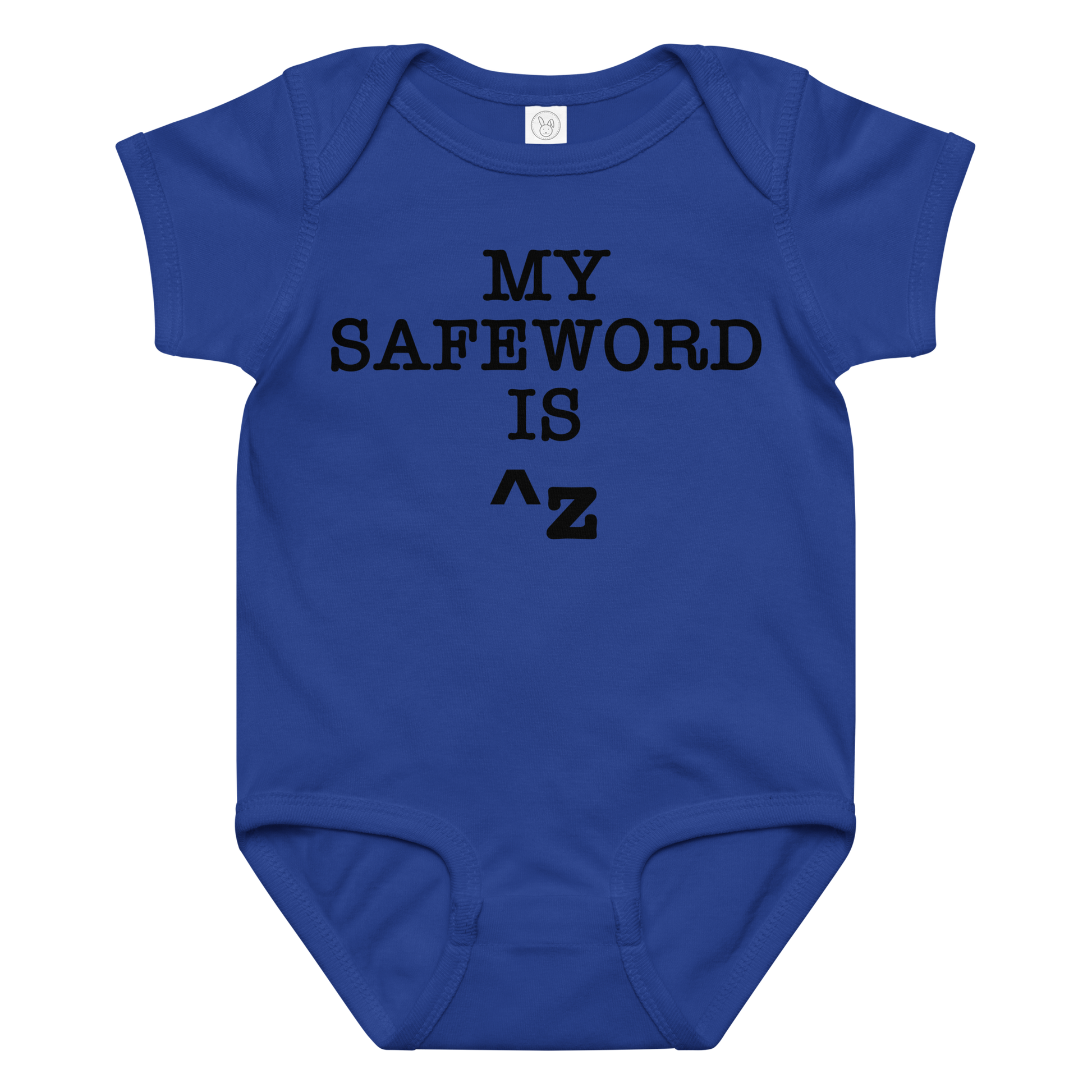 "My Safe Word Is ^Z" printed on a royal baby jersey bodysuit laying on a flat surface amongst other clothes
