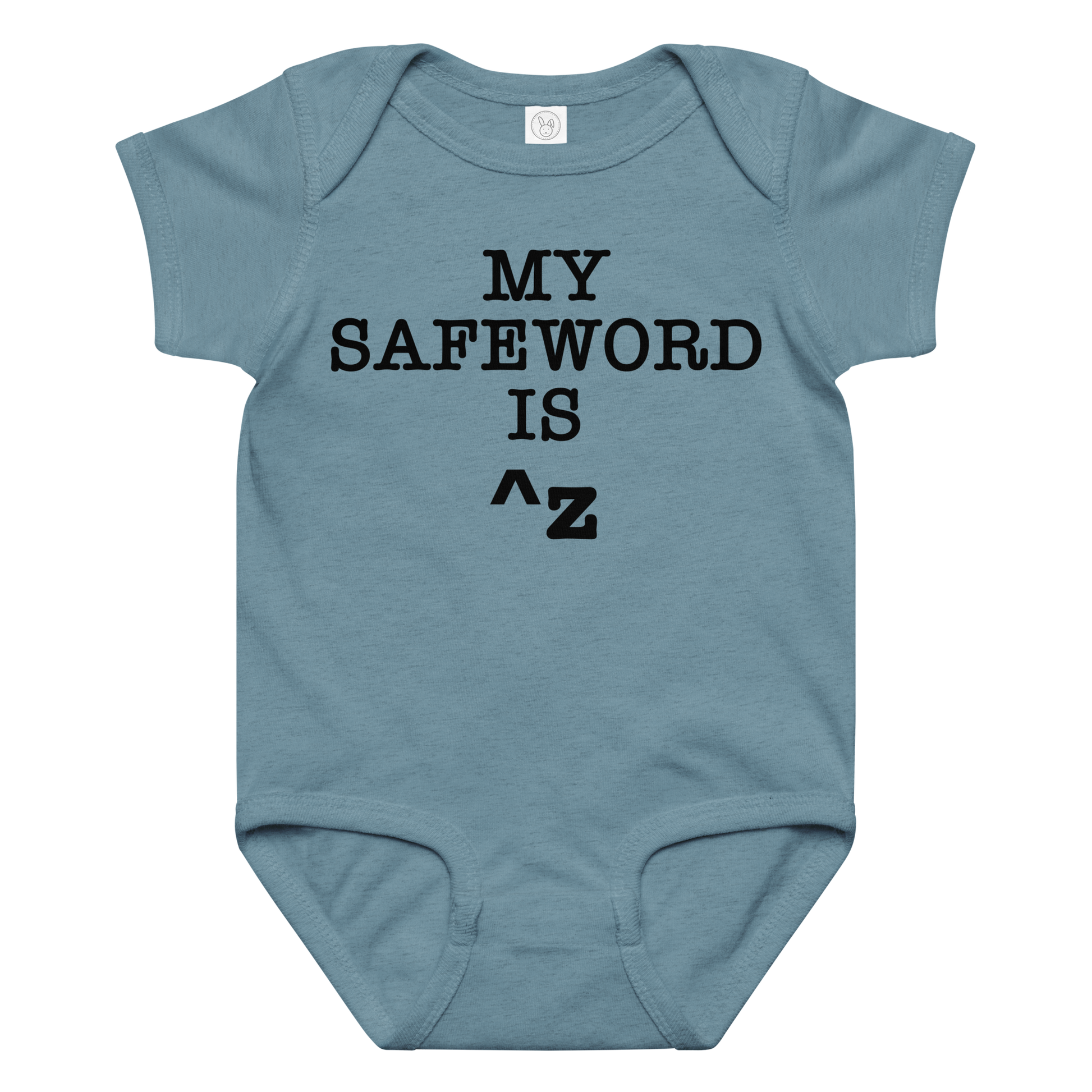 "My Safe Word Is ^Z" printed on a vintage indigo baby jersey bodysuit laying on a flat surface amongst other clothes