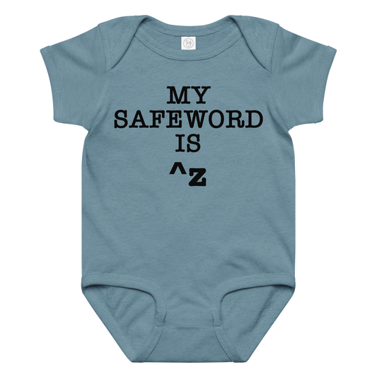 "My Safe Word Is ^Z" printed on a vintage indigo baby jersey bodysuit laying on a flat surface amongst other clothes