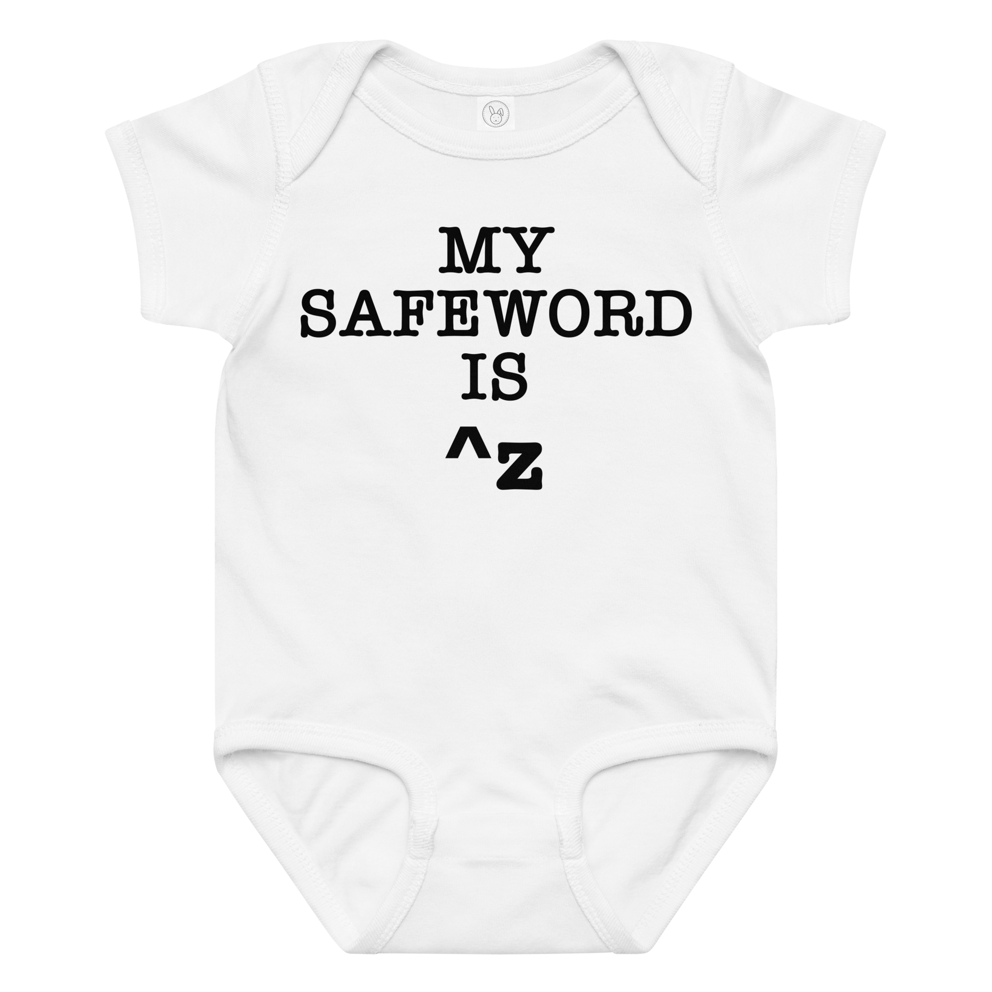 "My Safe Word Is ^Z" printed on a white baby jersey bodysuit laying on a flat surface amongst other clothes