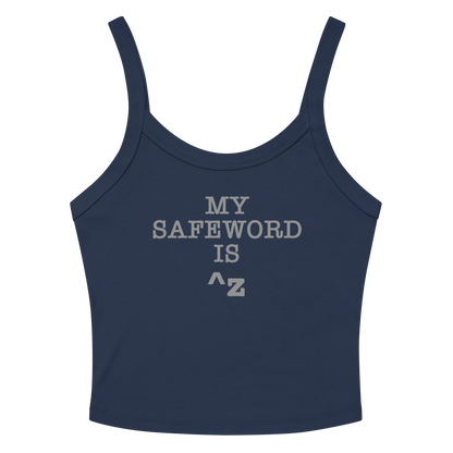 "My Safe Word Is ^Z" printed on a solid navy blend women's micro-rib tanktop laying on a flat surface amongst sunglasses and shorts