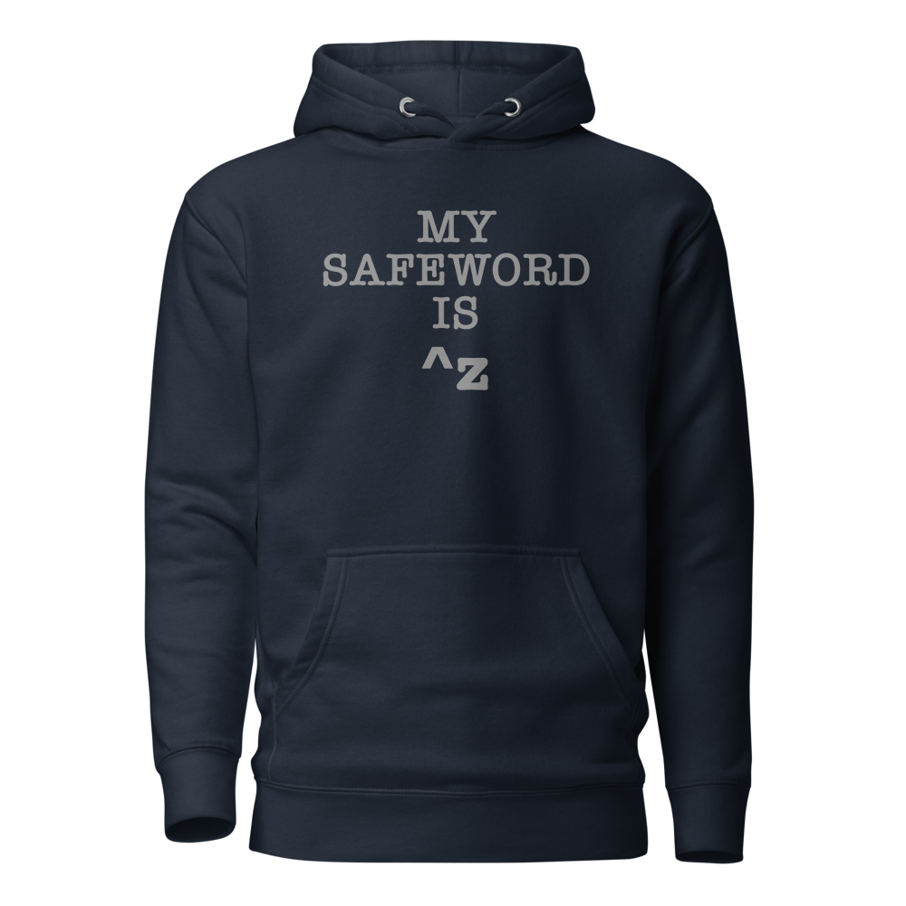 "My Safe Word Is ^Z" printed on a navy blazer on an invisible / simulated body