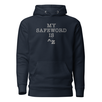 "My Safe Word Is ^Z" printed on a navy blazer on an invisible / simulated body
