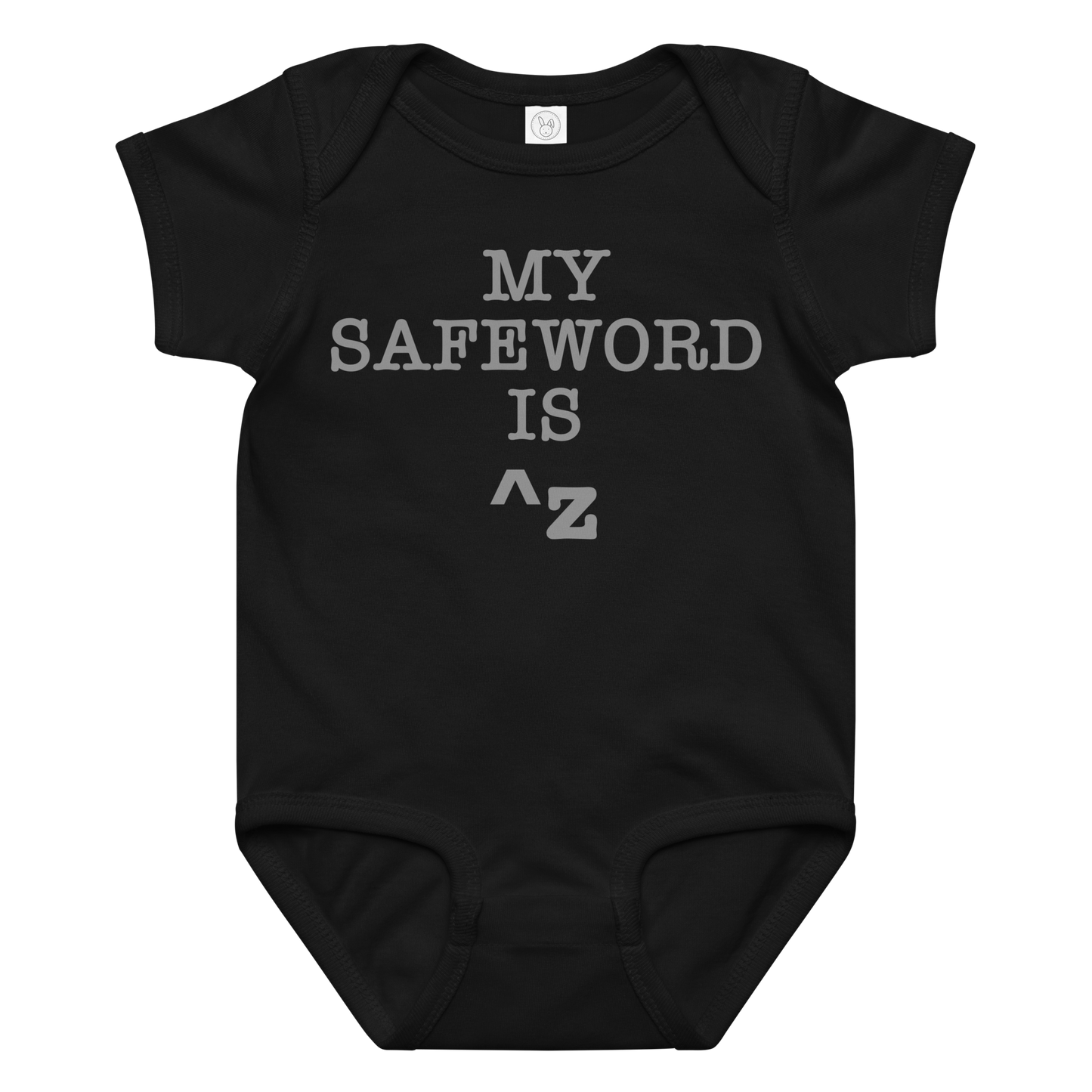 "My Safe Word Is ^Z" printed on a black baby jersey bodysuit laying on a flat surface amongst other clothes