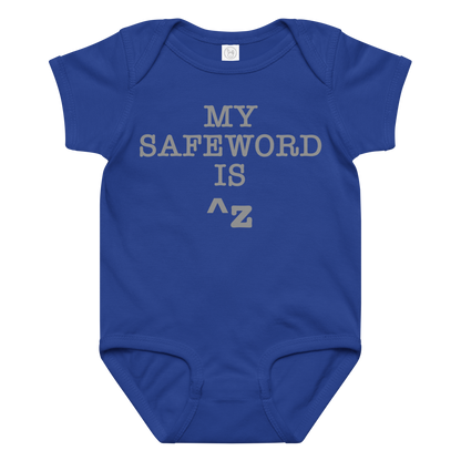 "My Safe Word Is ^Z" printed on a royal baby jersey bodysuit laying on a flat surface amongst other clothes
